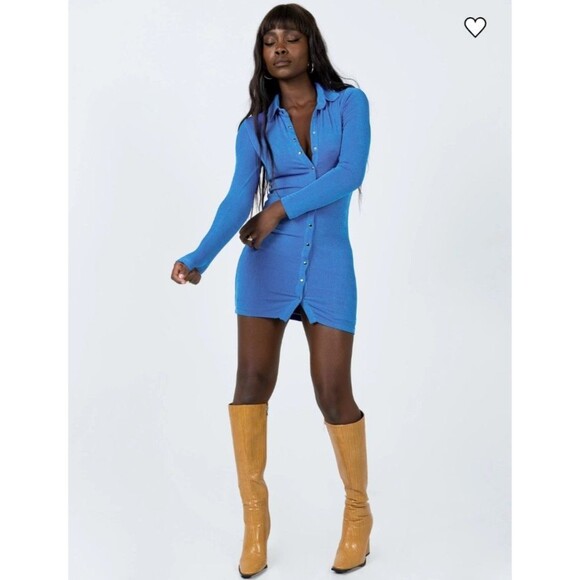 Princess Polly Blue Button Front Long Sleeve Collared Mini Dress Sz 4 - Picture 1 of 5